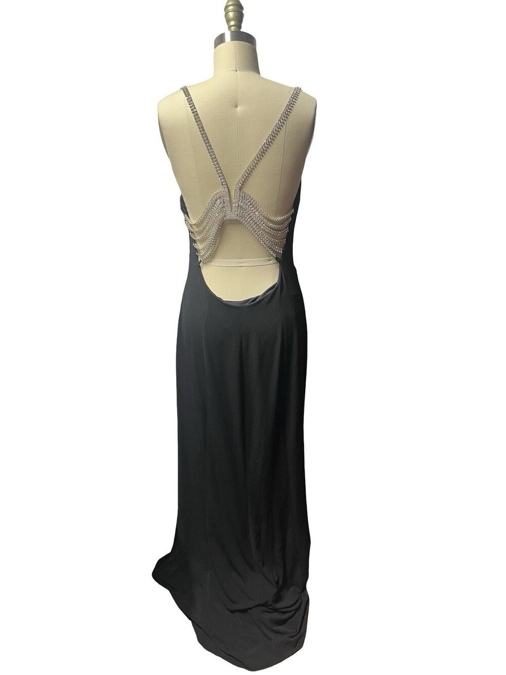 Y2K Cache Bodycon Slinky Maxi Dress Black Rhinestone Open Back Cocktail Party M